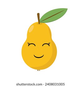 Pear with eyes closed in pleasure. Flat vector illustration of yellow pear with green leaf on white background