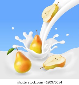 Pear falling into the milk splash. Natural products Vector