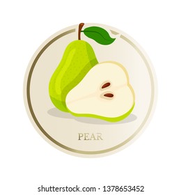 Pear flat circle sticker. Sliced tropical exotic fruit vector illustration. Eco, organic homemade juice, jam patch. Fresh healthy vitamins rich food. Summer cocktails ingredient