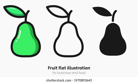 Pear flat illustration set isolated on white background. Green ripe pear fruit, summer food for healthy nutrition and sweet delicious dessert. Pear icon set for garden and vegan