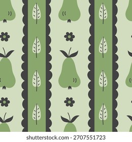 Hoja de la flor de pera rayada sin patrón. Lindo fondo de frutas verdes con Elementos exuberantes florales de encaje Coquette. Ilustración vectorial de repetición Garden Harvest