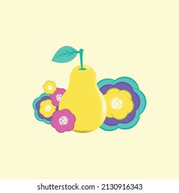 pear with flowers. banner with yellow pear and different colorful flowers. vector illustration, eps 10.