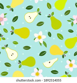 Pear, and flowers, with leaves, flat design illustration, over sky blue background and dots seamless pattern.	
