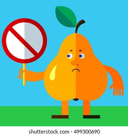 Pear with forbidden sign. Flat style vector illustration. Funny cartoon character for agriculture or food design
