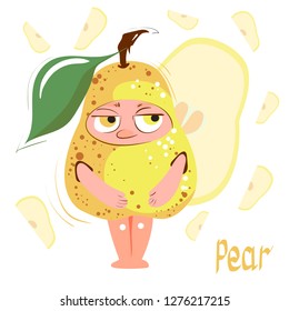 Pear. Fresh juicy yellow cartoon character-pear. Funny sad pear. Background slices of pears with seeds.