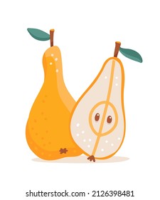 Pear Fresh Yellow Fruit - Full And Half. Flat cartoon hand drawn vector Illustration isolated on white.