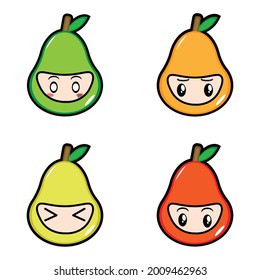 Pear fruit with 4 kind of colours which has 4 kind of character expression 