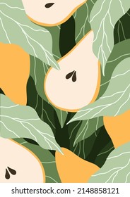 Pear fruit background. Fruits and leaves of Pear tree for social media, postcards, print, poster. Hand drawn Pears. Vector illustration