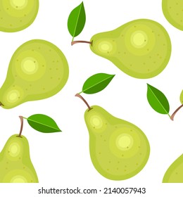 Pear fruit background. Vector seamless pattern with green pears on white. Flat simple illustration.