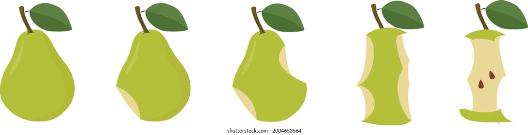 Pear fruit bite stage set. From whole to pear core gradual decrease, Animation progression. Flat vector illustration