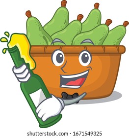Pear fruit box with bottle of beer mascot cartoon style