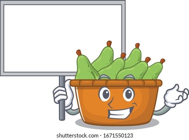 Cajón de fruta tierno personaje de caricatura que trae una tabla
