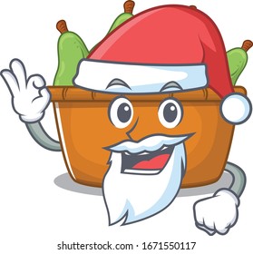 Pear fruit box in Santa cartoon character design showing ok finger