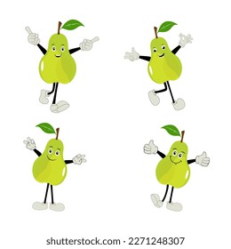Birnenkartoon Cute Vektorset von Birnen Fruchtcharakter in verschiedenen Action Emotionen. Kollektion von Birnenkörpern in verschiedenen Ausdrücken, Funny Obstmascot.