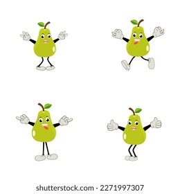 Pear fruit cartoon. Cute vector set of pear fruit character in different action emoticon. Collection of pear characters in different expressions, Funny fruit mascot.