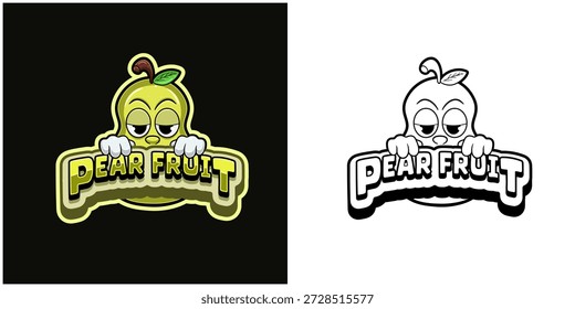 Pear fruit cartoon logo with  text and a high expression. Full color and black and white design. Design for  For Sticker, Label, Cover, Packaging, tshirt, business  and Product. Vectors and Illustrations.