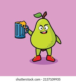 Pear fruit cartoon mascot character with beer glass and cute stylish design