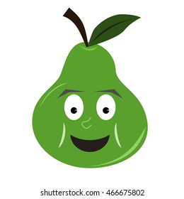 Pear fruit character with big smile on face. Green color. Isolated vector illustration.