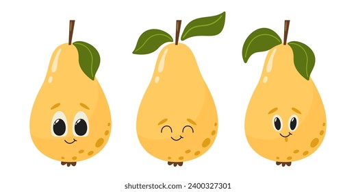 Pear fruit characters with face. Summer set vitamin vector illustration isolated on white. Cartoon flat style