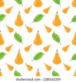 Pear fruit color vector plain seamless pattern. Simplified retro illustration. Wrapping, scrapbook paper background.Childish cartoon style bright garden. Element for design, wallpaper, fabric printing