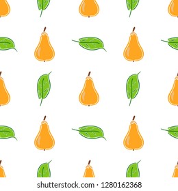 Pear fruit color vector plain seamless pattern. Simplified retro illustration. Wrapping, scrapbook paper background.Childish cartoon style bright garden. Element for design, wallpaper, fabric printing