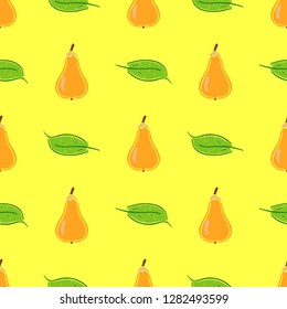Pear fruit color vector plain seamless pattern. Simplified retro illustration. Wrapping, scrapbook paper background.Childish cartoon style bright garden. Element for design, wallpaper, fabric printing
