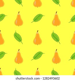 Pear fruit color vector plain seamless pattern. Simplified retro illustration. Wrapping, scrapbook paper background.Childish cartoon style bright garden. Element for design, wallpaper, fabric printing