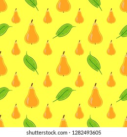 Pear fruit color vector plain seamless pattern. Simplified retro illustration. Wrapping, scrapbook paper background.Childish cartoon style bright garden. Element for design, wallpaper, fabric printing