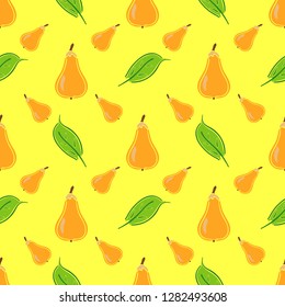 Pear fruit color vector plain seamless pattern. Simplified retro illustration. Wrapping, scrapbook paper background.Childish cartoon style bright garden. Element for design, wallpaper, fabric printing