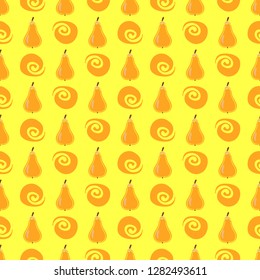 Pear fruit color vector plain seamless pattern. Simplified retro illustration. Wrapping, scrapbook paper background.Childish cartoon style bright garden. Element for design, wallpaper, fabric printing