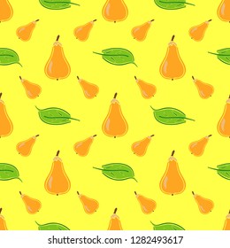 Pear fruit color vector plain seamless pattern. Simplified retro illustration. Wrapping, scrapbook paper background.Childish cartoon style bright garden. Element for design, wallpaper, fabric printing