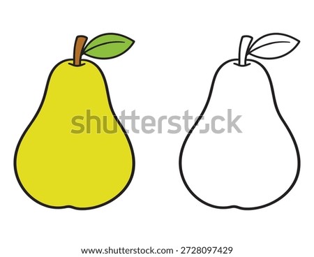 Pear Fruit Coloring Page for Kids. Vector illustration of a pear fruit. Black and white line art with a colored version for children's learning and coloring activity. Fun and easy worksheet for toddlers.