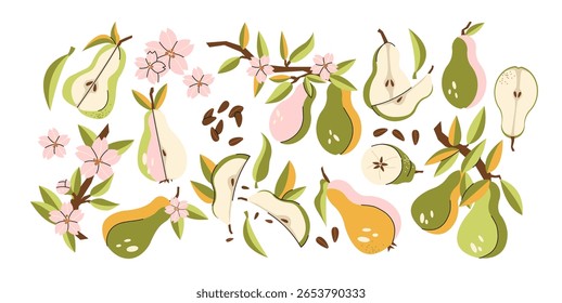 Composições de frutos de pera em estilo de desenho animado retrô. Conjunto botânico: peras inteiras, fatias, sementes, flores, ramos. Ilustração de fruta natural no estilo funky, doodle, conjunto de adesivos na moda.
