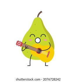 Pear fruit cute character cartoon plays the guitar sings joy happy emotions icon beautiful vector illustration.