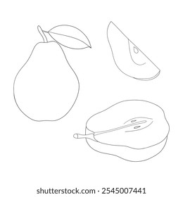 Frutos de pera diferentes poses contorno para coloração em um fundo branco.