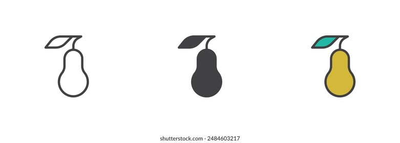 Pear fruit different style icon set. Line, glyph and filled outline colorful version, outline and filled vector sign. Vegetarian food symbol, logo illustration. Vector graphics
