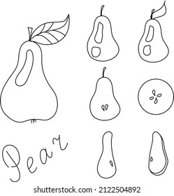 Pear fruit doodle vector set. Hand drawn simple illustration. Half pear and slices coloring book. Lettering.	