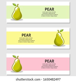 Pear fruit flat illustration with leaves vector banner background set of 3. Scalable and editable. Vector design for banner, background, card, landing page, brochure, flyer, cover