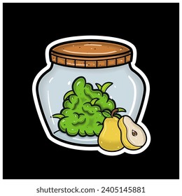 Pear Fruit Flavor With Cartoon Mascot of Weed Bud On Jar. For Sticker and label. Vector and Illustration.