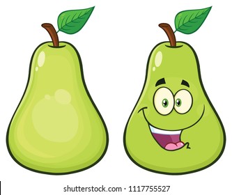 Pear Fruit With Green Leaf Cartoon Mascot Character Set 1.Vector Collection Isolated On White Background