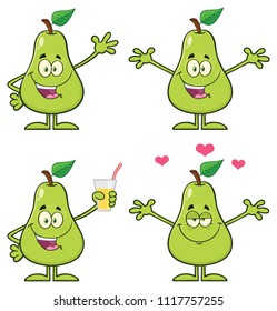 Pear Fruit With Green Leaf Cartoon Mascot Character Set 3. Vector Collection Isolated On White Background