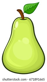 Pear Fruit With Green Leaf Cartoon Drawing Simple Design. Vector Illustration Isolated On White Background