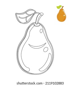 Pear fruit with green leaves linear illustration. Coloring book for children.