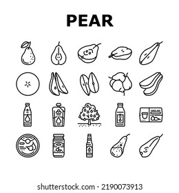 íconos de alimentos de hoja blanca verde de frutos perales establecen el vector. trozo, medio jugoso fresco, árbol de maderas orgánico cortado, dulce de semilla roja, fruta de pera cruda hoja blanca verde comida negro ilustraciones de contorno negro