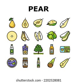 pear fruit green white leaf food icons set vector. piece, fresh half juicy slice, cut organic ripe tree, red asian sweet, raw seed pear fruit green white leaf food color line illustrations