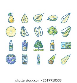pear fruit green white leaf food doodle icons set vector. piece, fresh half juicy slice, cut organic ripe tree, red asian sweet, raw seed pear fruit green white leaf food sketch hand drawn