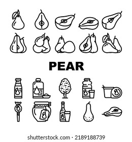 pear fruit half food slice icons set vector. white green leaf, cut fresh juicy ripe, asian organic raw piece, tree pear fruit half food slice black contour illustrations