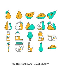 Vector de la rebanada de la fruta de la pera de la mitad de la comida, hoja verde blanca, cortada madura jugosa fresca, pieza cruda orgánica asiática, fruta de la pera del árbol de la mitad de la rebanada de la comida color Ilustraciones del contorno