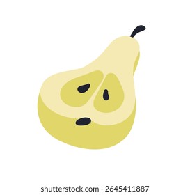 Pear, fruit half. Fresh ripe cross-section, cut piece with seeds, kernels. Sweet healthy diet food, natural organic garden snack. Summer eating. Flat vector illustration isolated on white background