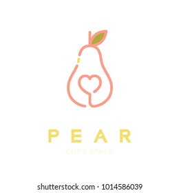 Pear fruit with heart logo icon outline stroke set design illustration isolated on green background with Pear text and copy space, vector eps10